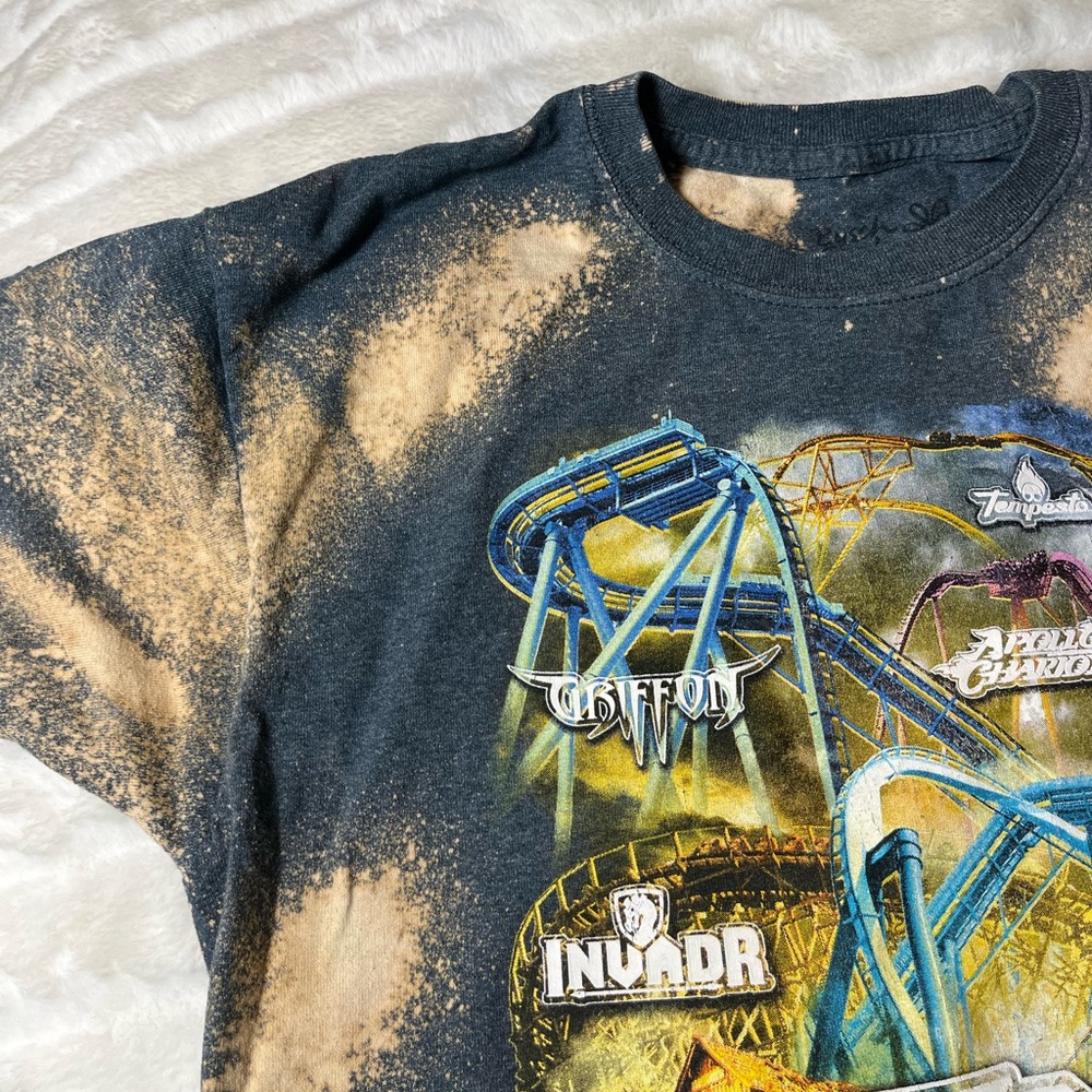 Busch Gardens Kids XL Blue Yellow Bleach Dye Roller Coaster Grunge Casual Tee